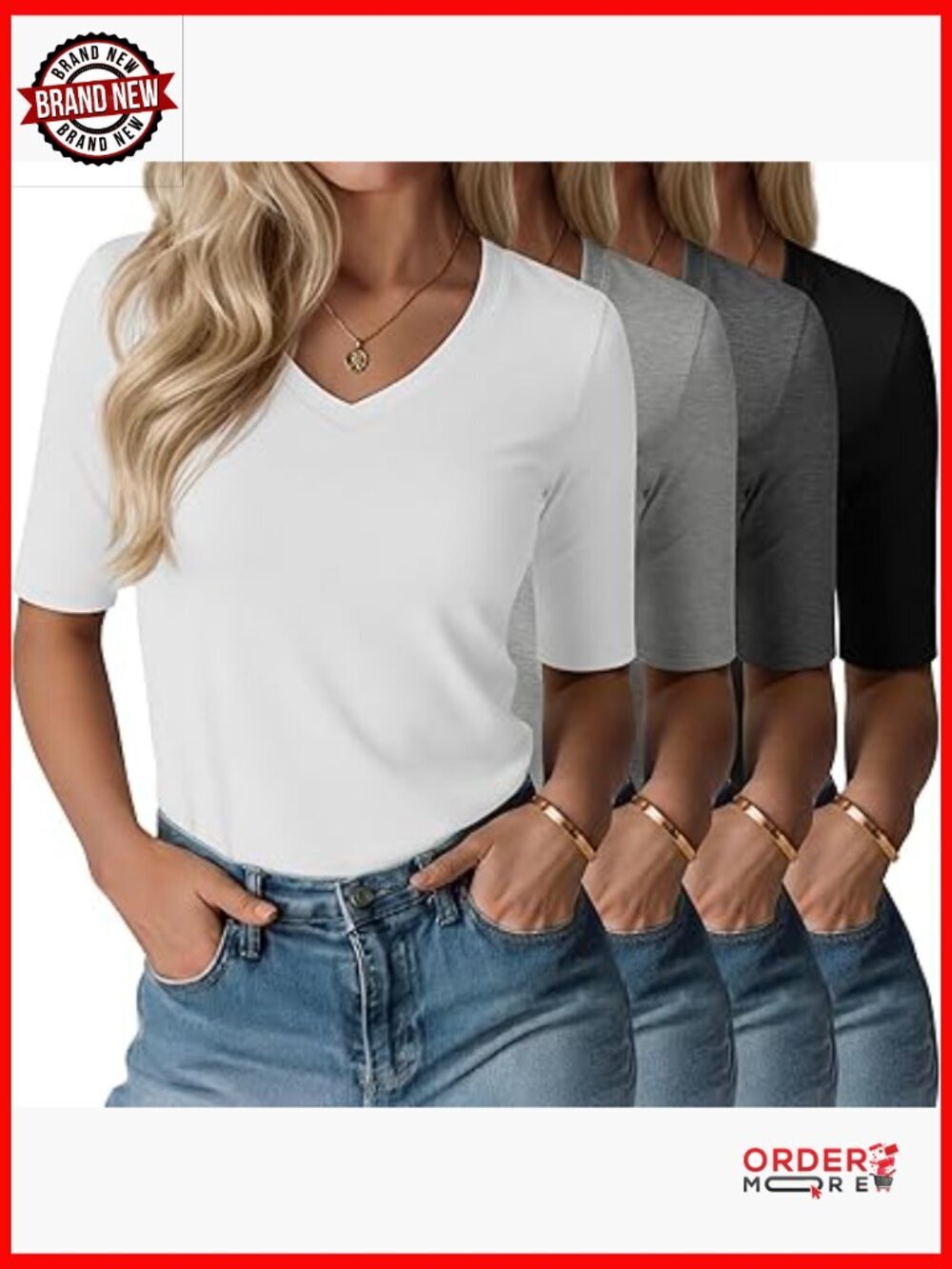 4 Pack Women's V Neck Half Sleeve Tops Elbow Length Slim Fit Tee